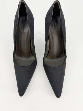 Gucci Pumps GG Monogram Vintage Black Canvas Pointed Toe Heels Size 7